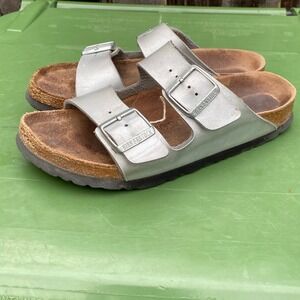Birkenstock Vegan Arizona Silver Metallic Two Strap Sandals Women's Size 39 US 8